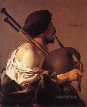  Pipe Oil Painting - Bagpipe Player Dutch painter Hendrick ter Brugghen